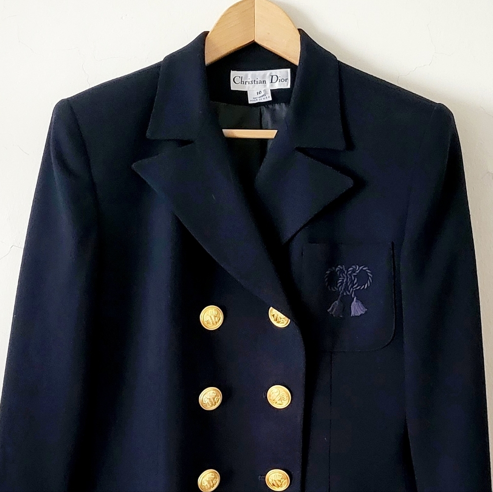 Vintage Christian Dior Double Breasted Rope Embroidered Detail Blazer Navy Sz 10 - Picture 4 of 16